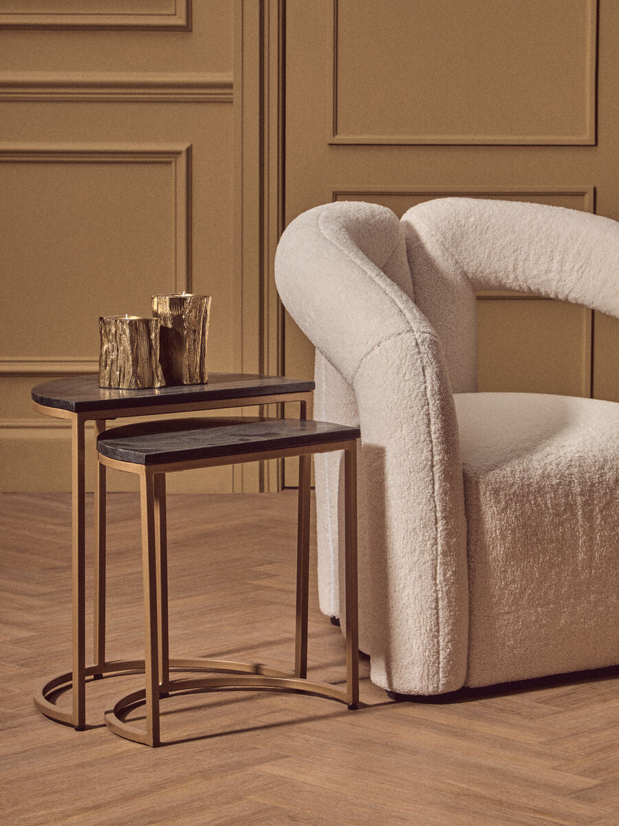 Black Marble and Gold Finish Set of 2 Half Moon Nesting Tables