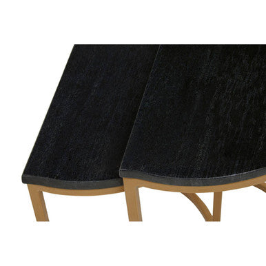 Black Marble and Gold Finish Set of 2 Half Moon Nesting Tables