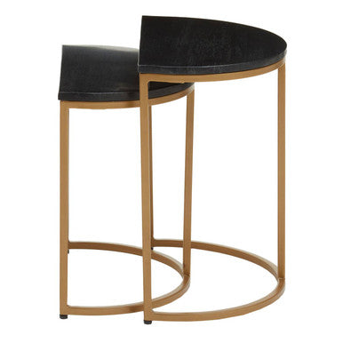 Black Marble and Gold Finish Set of 2 Half Moon Nesting Tables