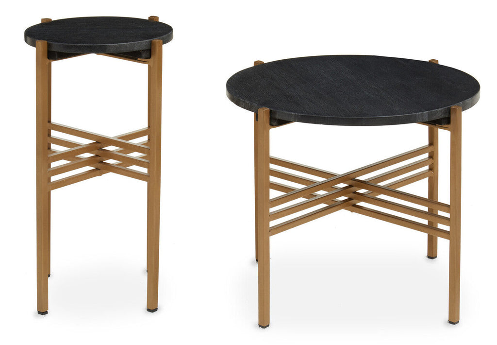 Set of 2 Black Round Marble Top Side Tables with Gold Finish Geometric Metal Bases