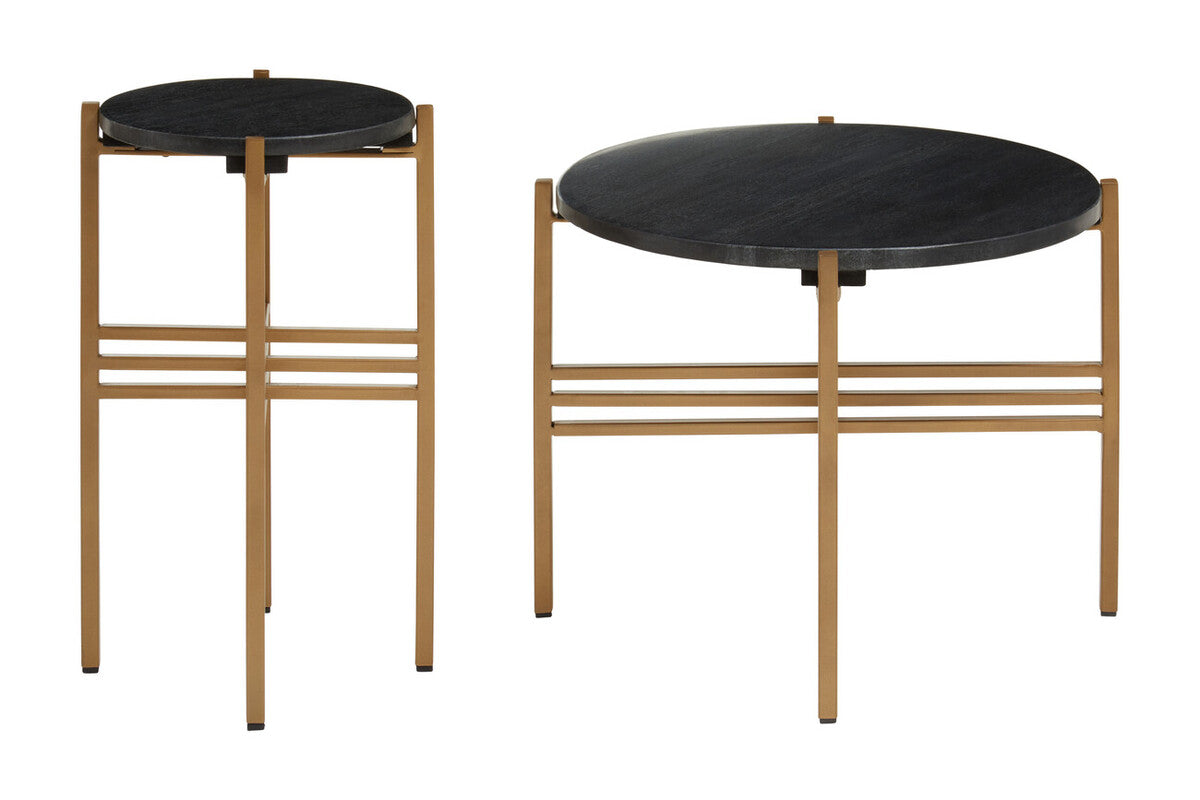 Set of 2 Black Round Marble Top Side Tables with Gold Finish Geometric Metal Bases