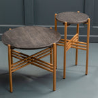 Set of 2 Black Round Marble Top Side Tables with Gold Finish Geometric Metal Bases