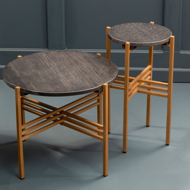 Set of 2 Black Round Marble Top Side Tables with Gold Finish Geometric Metal Bases