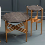 Set of 2 Black Round Marble Top Side Tables with Gold Finish Geometric Metal Bases