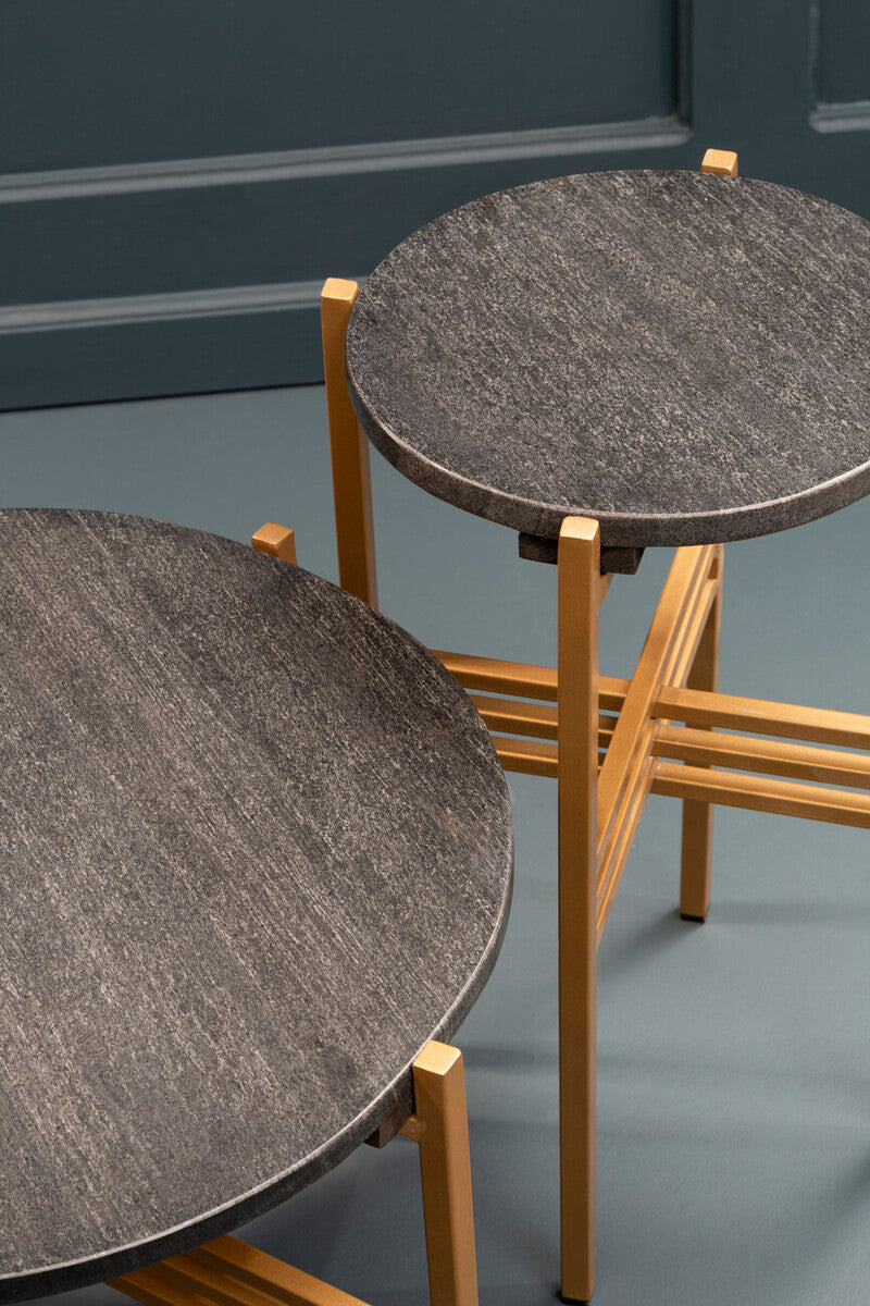 Set of 2 Black Round Marble Top Side Tables with Gold Finish Geometric Metal Bases