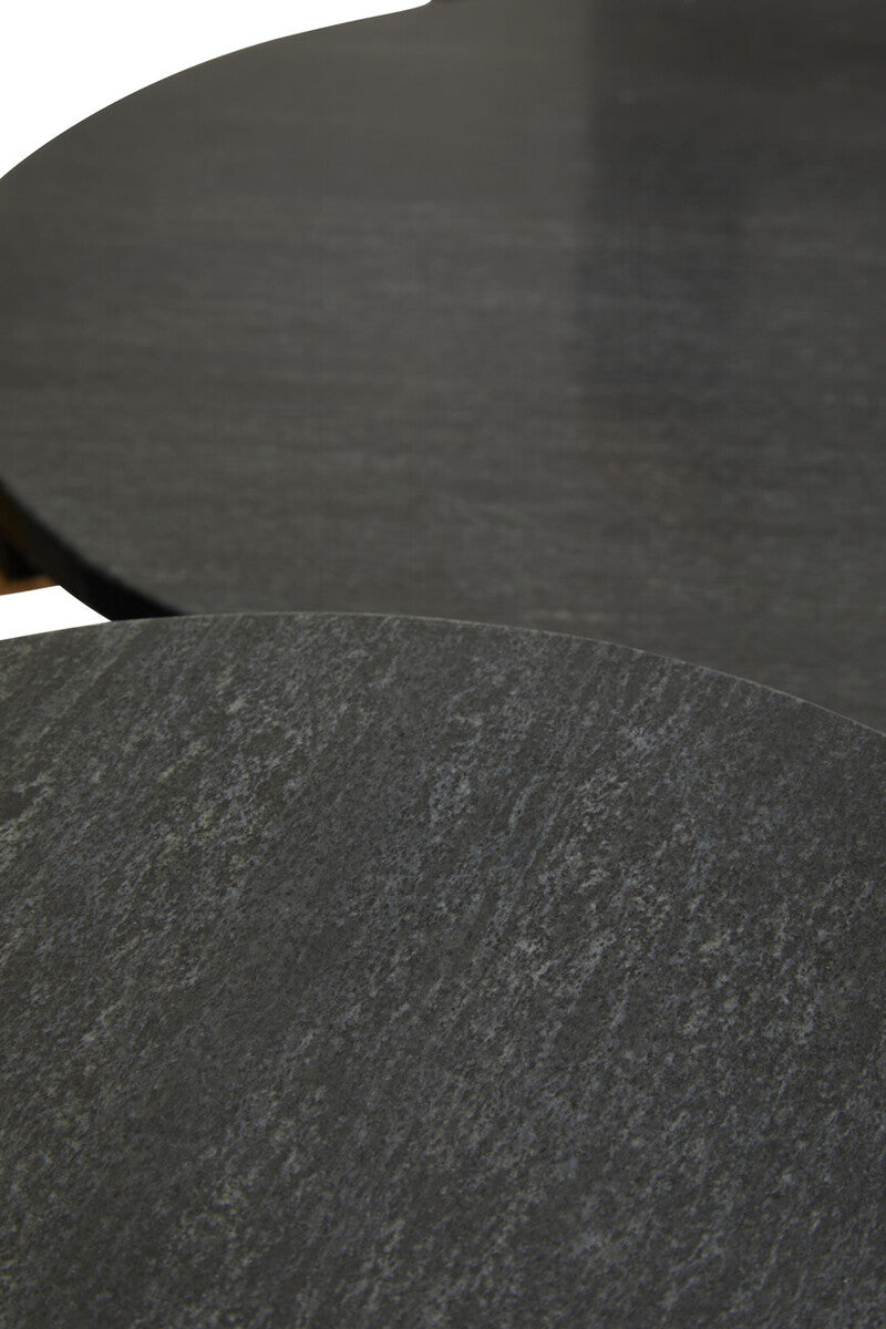Set of 2 Black Round Marble Top Side Tables with Gold Finish Geometric Metal Bases