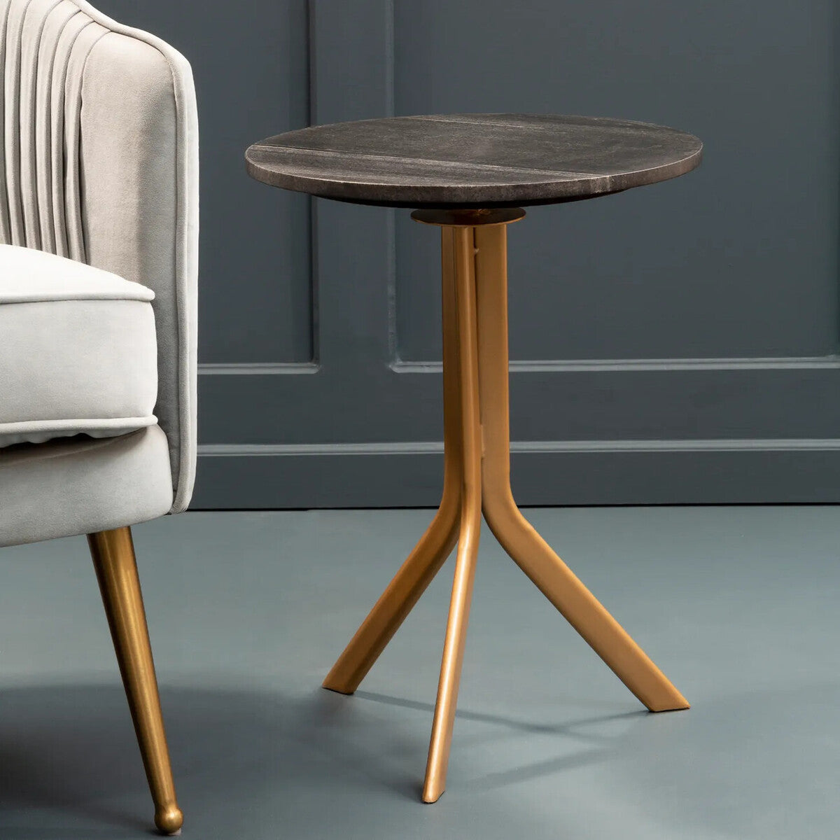 Black Round Marble Top Side Table with Gold Metal Tripod Base