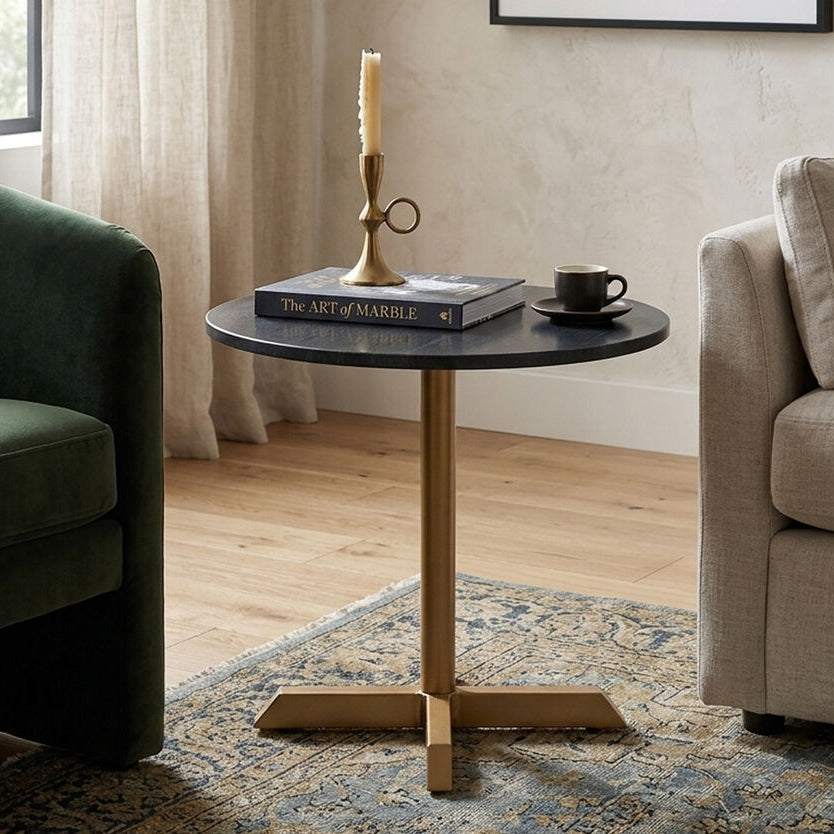 Black Round Marble Top Side Table with Matte Gold Metal Cross Base