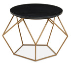Black Round Marble Top Coffee Table with Matte Gold Finish Geometric Metal Frame