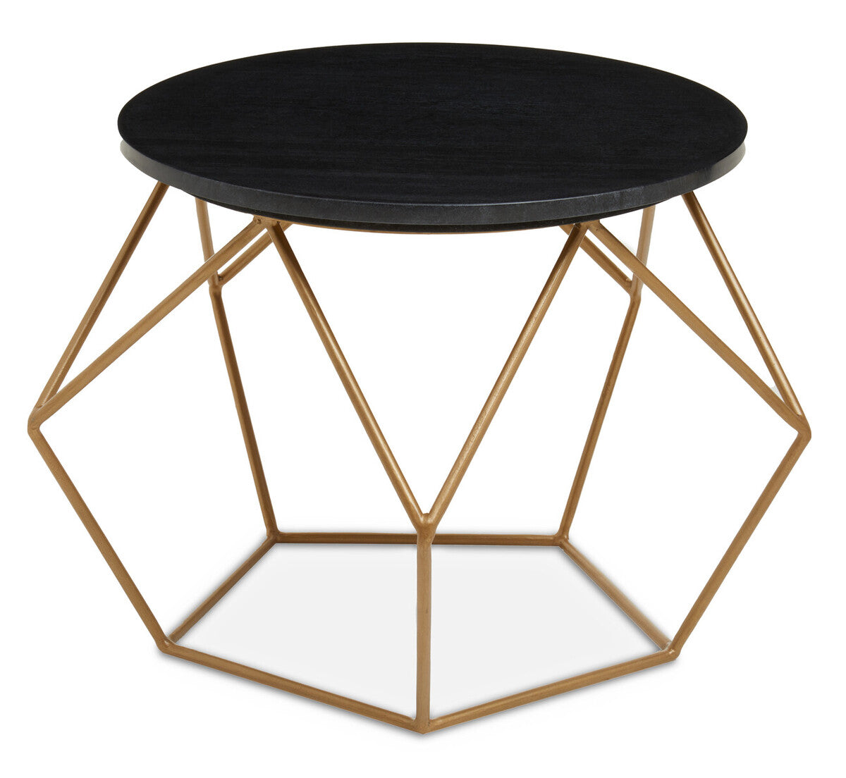 Black Round Marble Top Coffee Table with Matte Gold Finish Geometric Metal Frame