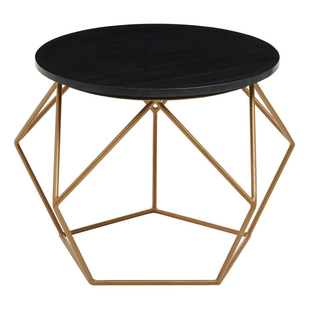 Black Round Marble Top Coffee Table with Matte Gold Finish Geometric Metal Frame
