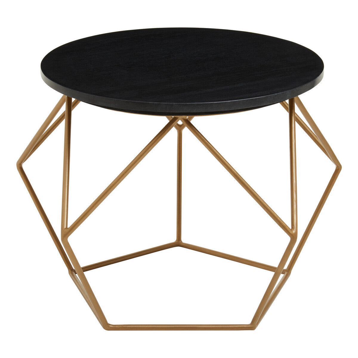 Black Round Marble Top Coffee Table with Matte Gold Finish Geometric Metal Frame