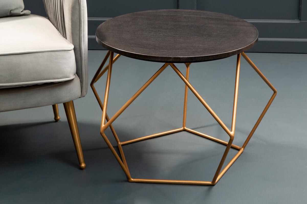 Black Round Marble Top Coffee Table with Matte Gold Finish Geometric Metal Frame