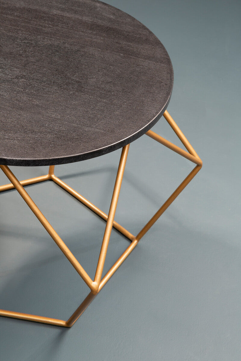 Black Round Marble Top Coffee Table with Matte Gold Finish Geometric Metal Frame