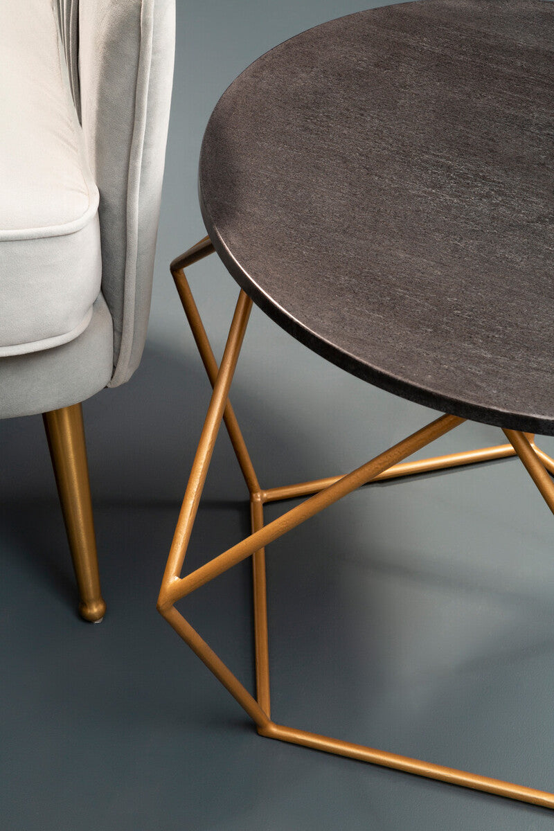 Black Round Marble Top Coffee Table with Matte Gold Finish Geometric Metal Frame
