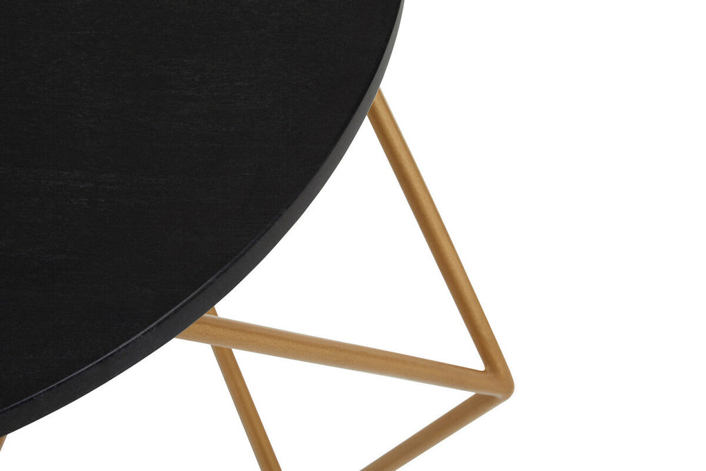 Black Round Marble Top Coffee Table with Matte Gold Finish Geometric Metal Frame