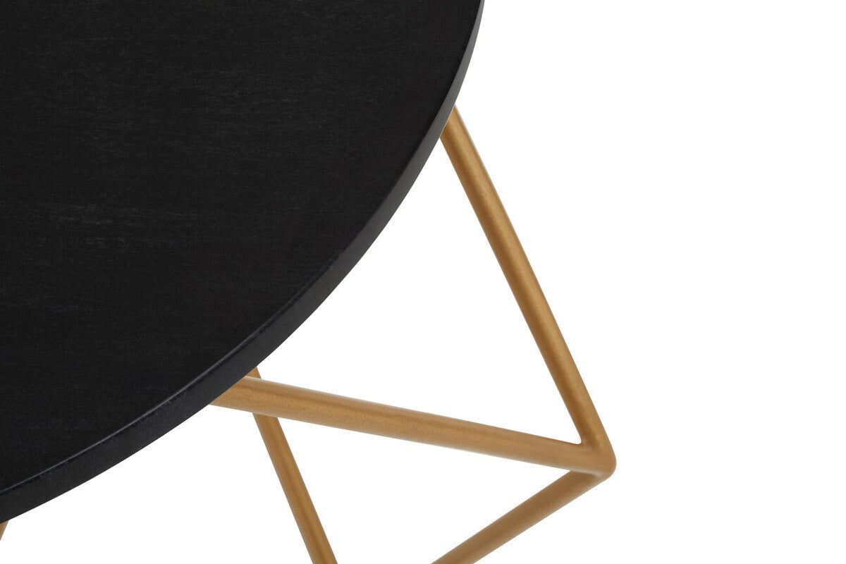 Black Round Marble Top Coffee Table with Matte Gold Finish Geometric Metal Frame