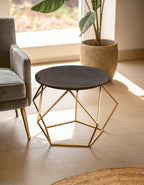 Black Round Marble Top Coffee Table with Matte Gold Finish Geometric Metal Frame