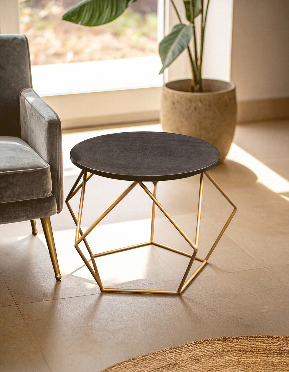 Black Round Marble Top Coffee Table with Matte Gold Finish Geometric Metal Frame