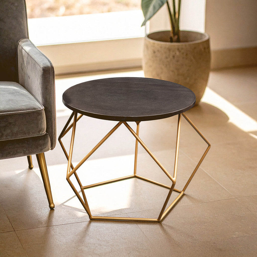 Black Round Marble Top Coffee Table with Matte Gold Finish Geometric Metal Frame
