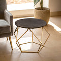 Black Round Marble Top Coffee Table with Matte Gold Finish Geometric Metal Frame