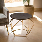 Black Round Marble Top Coffee Table with Matte Gold Finish Geometric Metal Frame