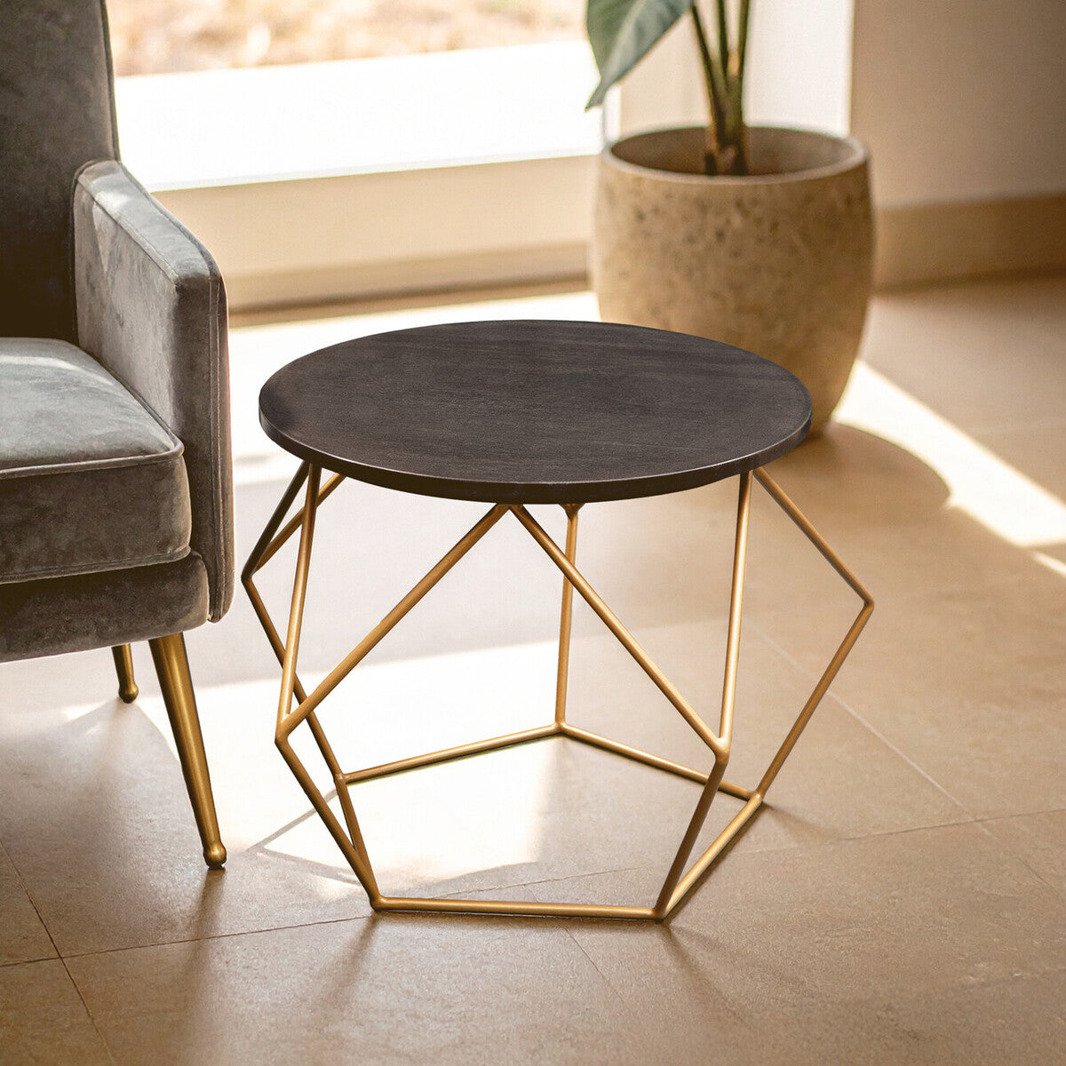 Black Round Marble Top Coffee Table with Matte Gold Finish Geometric Metal Frame