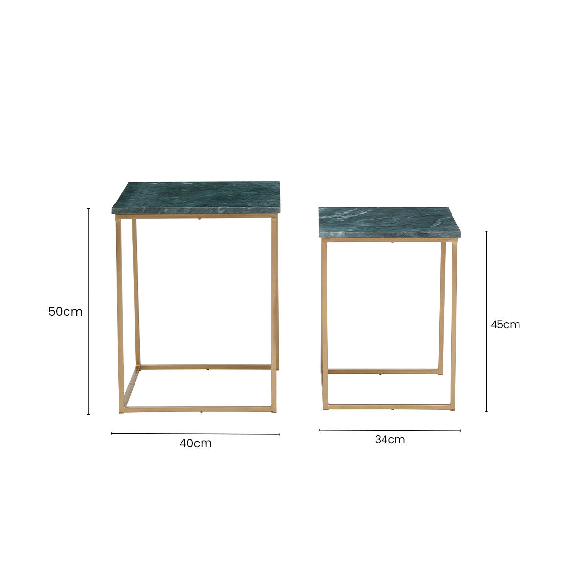 Nest of 2 Green Marble Top Side Tables with Gold Metal Bases