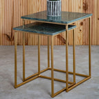 Nest of 2 Green Marble Top Side Tables with Gold Metal Bases