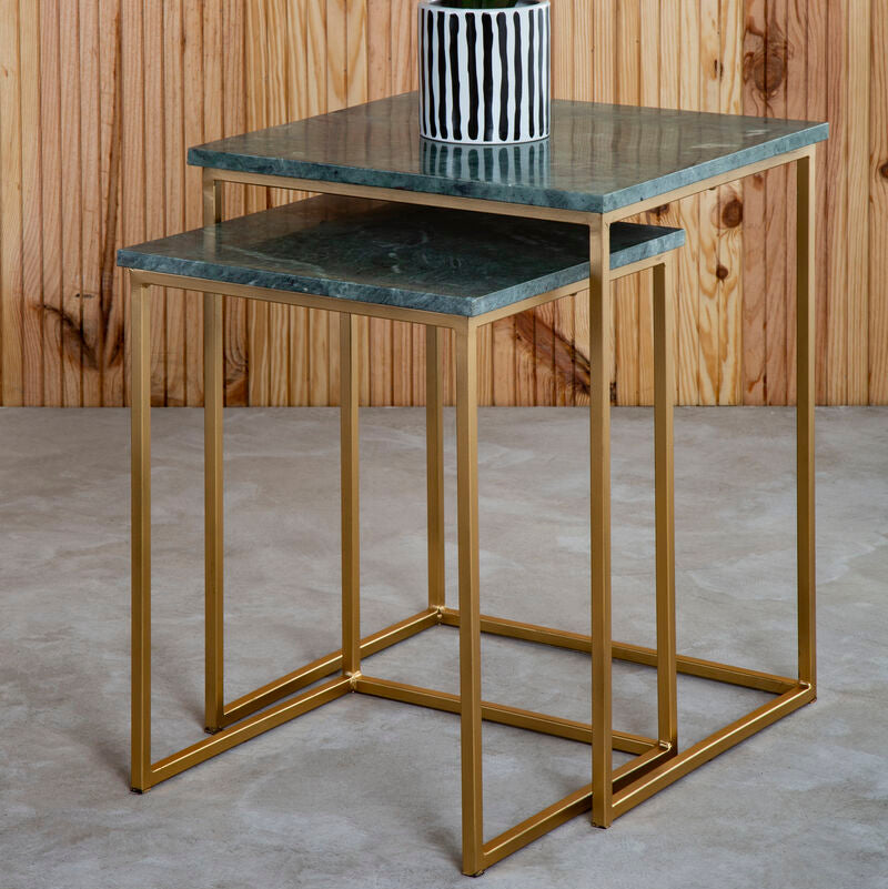 Nest of 2 Green Marble Top Side Tables with Gold Metal Bases