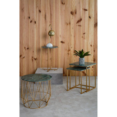 Nest of 2 Green Marble Top Side Tables with Gold Metal Bases