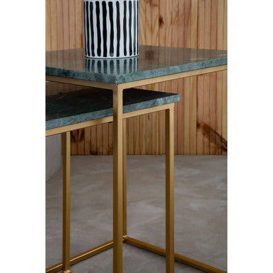Nest of 2 Green Marble Top Side Tables with Gold Metal Bases