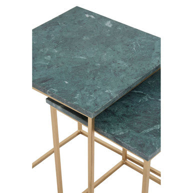 Nest of 2 Green Marble Top Side Tables with Gold Metal Bases