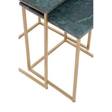 Nest of 2 Green Marble Top Side Tables with Gold Metal Bases
