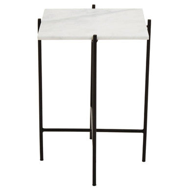 White Marble Square Top Side Table with Sleek Black Iron Base