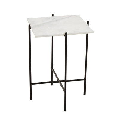 White Marble Square Top Side Table with Sleek Black Iron Base