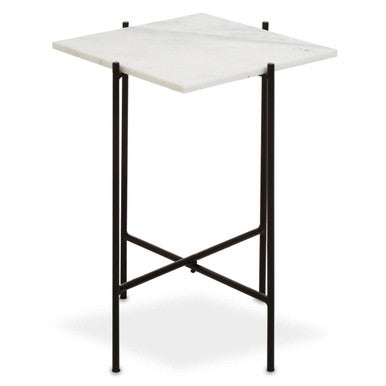 White Marble Square Top Side Table with Sleek Black Iron Base