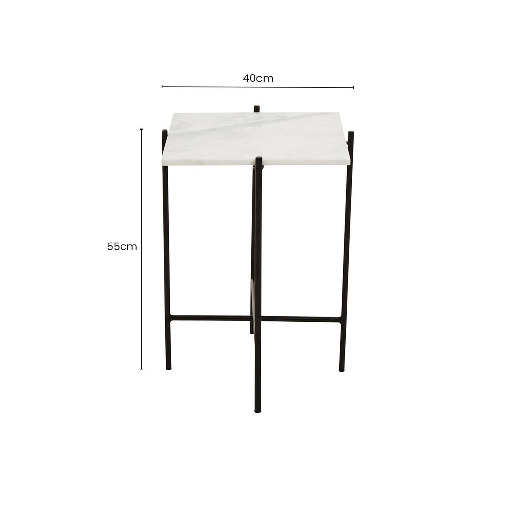 White Marble Square Top Side Table with Sleek Black Iron Base