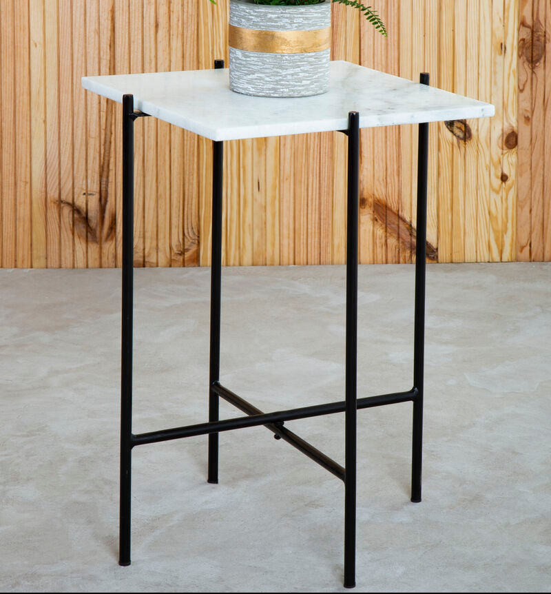 White Marble Square Top Side Table with Sleek Black Iron Base