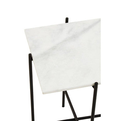 White Marble Square Top Side Table with Sleek Black Iron Base