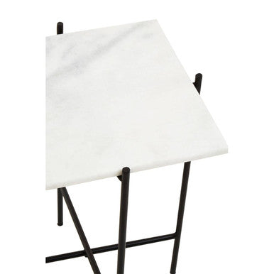 White Marble Square Top Side Table with Sleek Black Iron Base