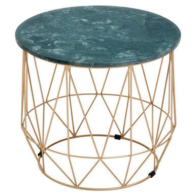 Green Marble Round Top Side Table with Sleek Cage Style Gold Metal Frame