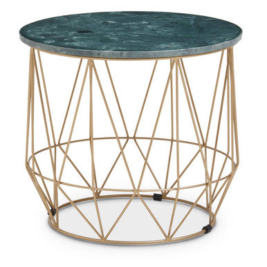 Green Marble Round Top Side Table with Sleek Cage Style Gold Metal Frame