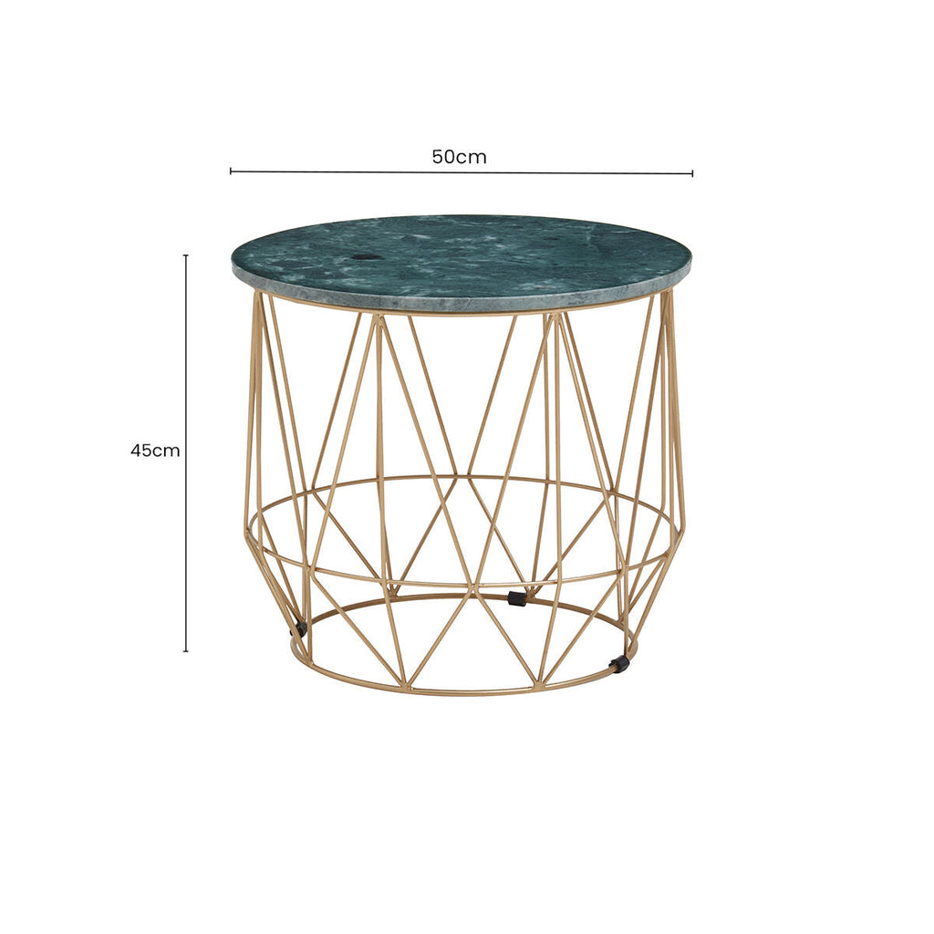 Green Marble Round Top Side Table with Sleek Cage Style Gold Metal Frame