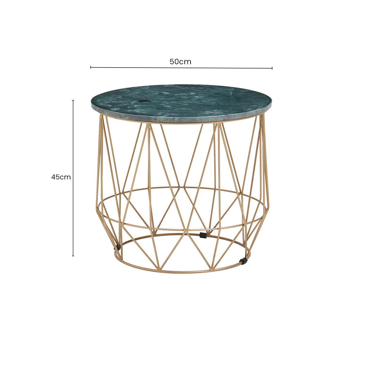 Green Marble Round Top Side Table with Sleek Cage Style Gold Metal Frame