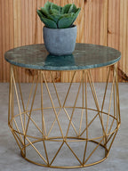 Green Marble Round Top Side Table with Sleek Cage Style Gold Metal Frame