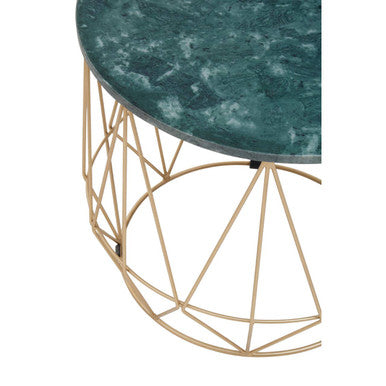 Green Marble Round Top Side Table with Sleek Cage Style Gold Metal Frame