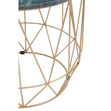 Green Marble Round Top Side Table with Sleek Cage Style Gold Metal Frame