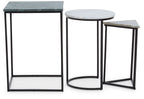 Marble Top Nest of 3 Tables with Black Metal Bases in Assorted Tones and Shapes