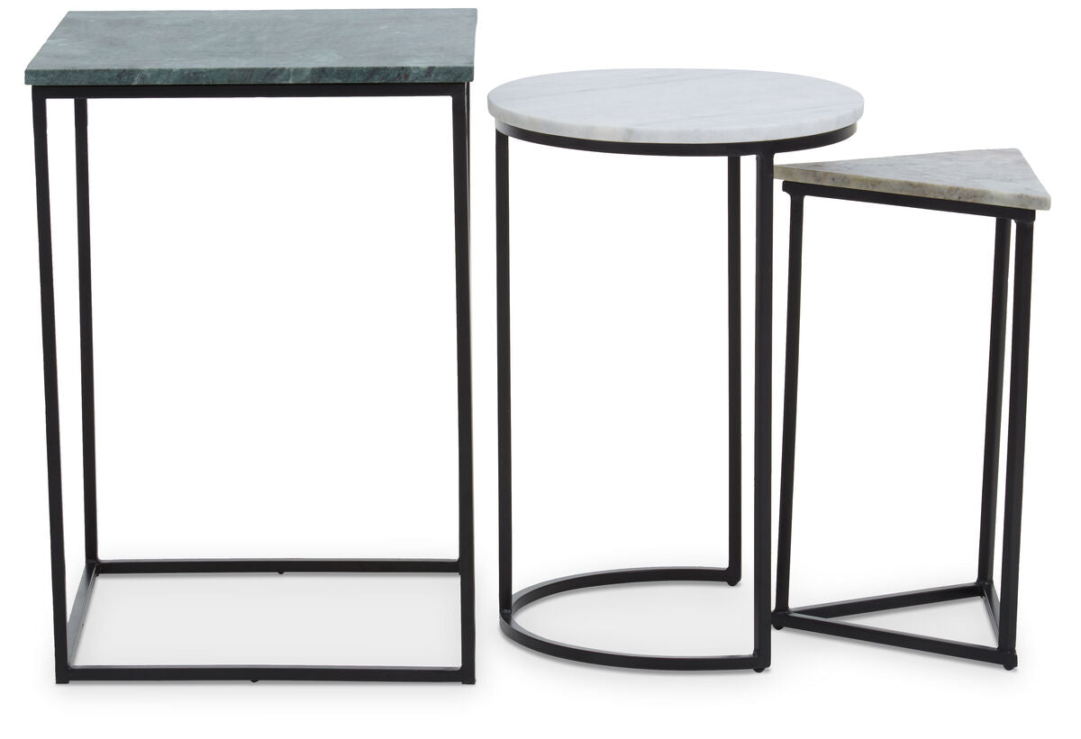Marble Top Nest of 3 Tables with Black Metal Bases in Assorted Tones and Shapes